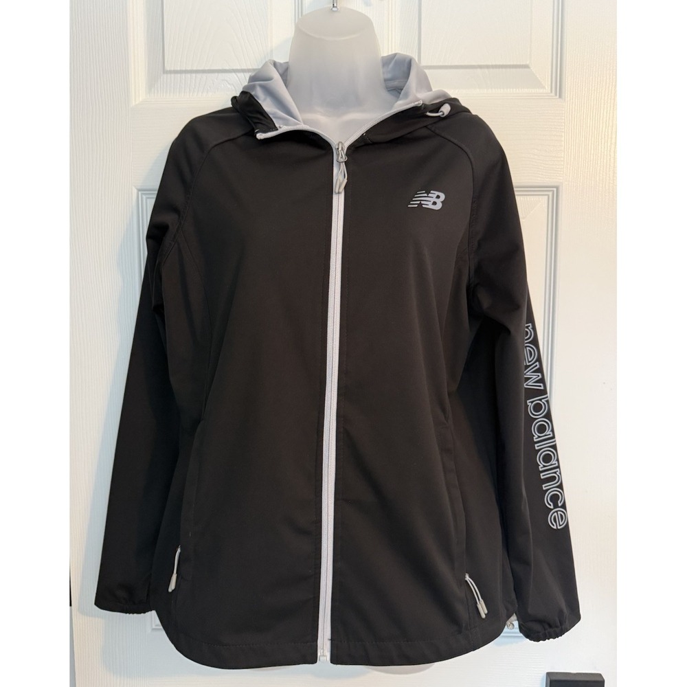 New Balance Womens Black White Hooded Full Zip Windbreaker Athletic Jacket Sz L